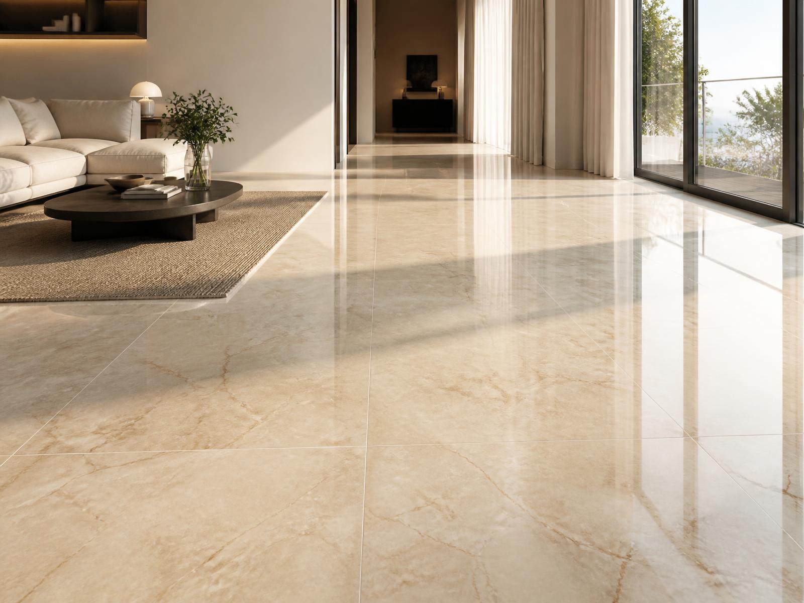 Large-format porcelain floor tile in a bright Central Florida living space